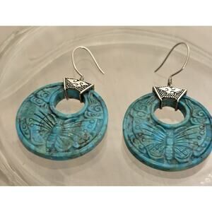 SAJEN Sterling Silver Carved Turquoise BUTTERFLY Hoop Drop EARRINGS